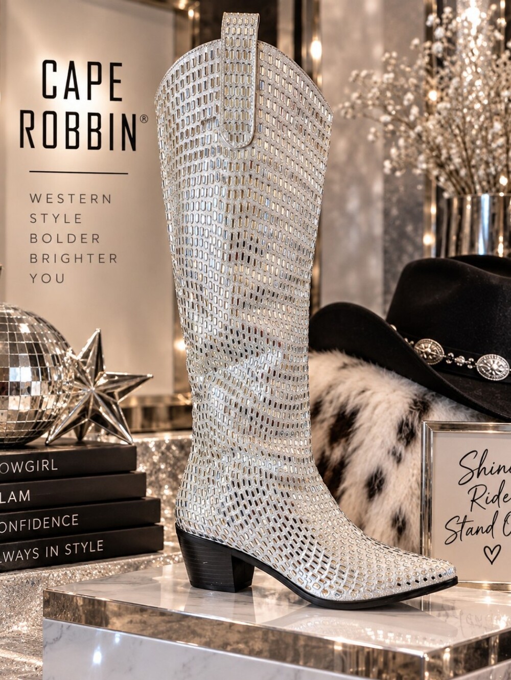 CAPE ROBBIN Mirror Rhinestone Western Cowgirl Boots – Silver ✨🤠